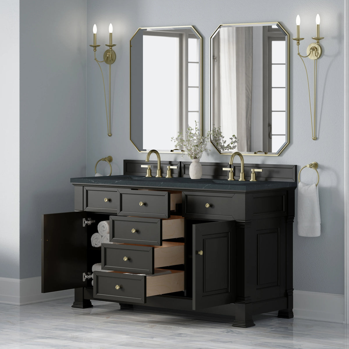 Brookfield 60" Double Vanity, Black Onyx w/3 CM Charcoal Soapstone Silestone Top, view 5