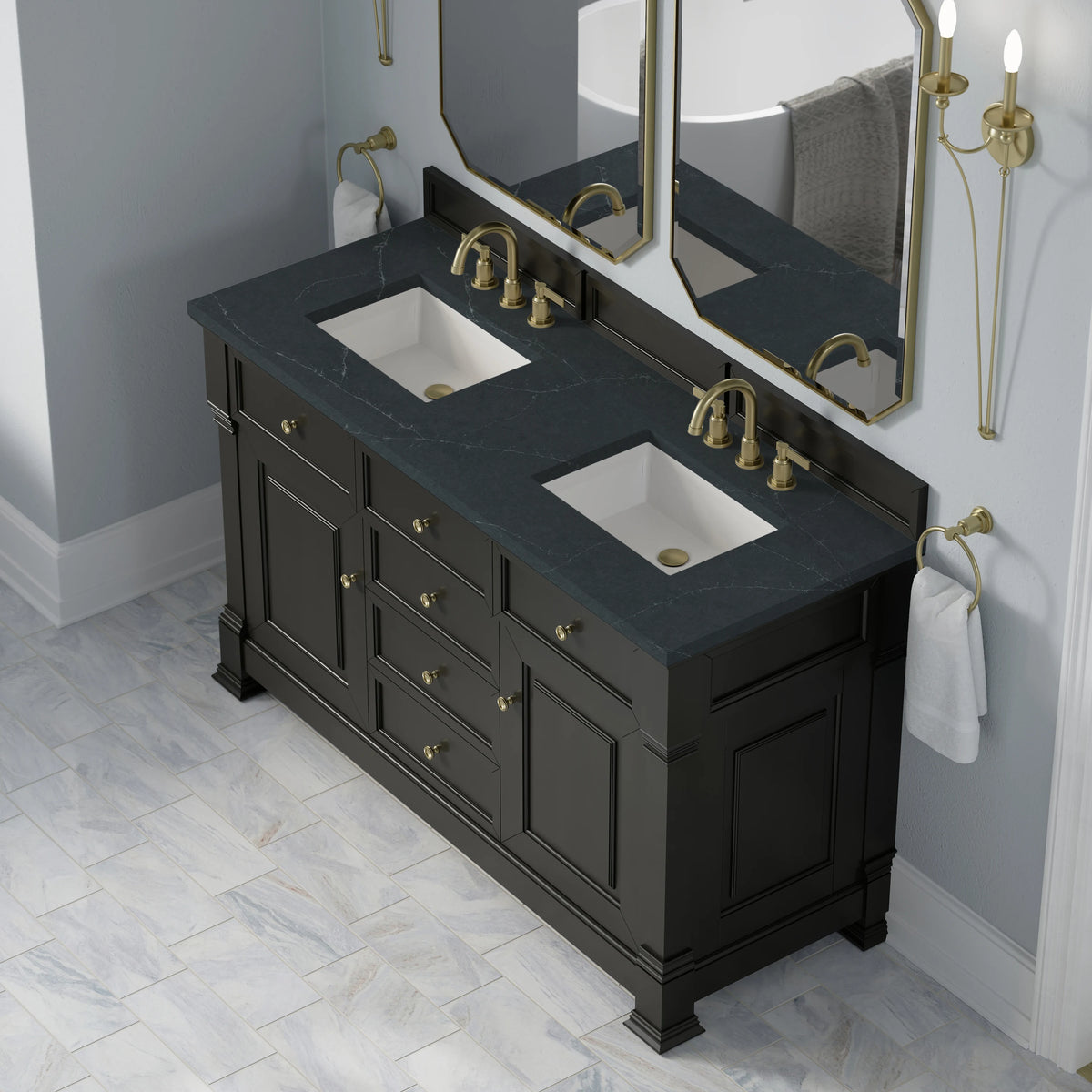 Brookfield 60" Double Vanity, Black Onyx w/3 CM Charcoal Soapstone Silestone Top, view 7