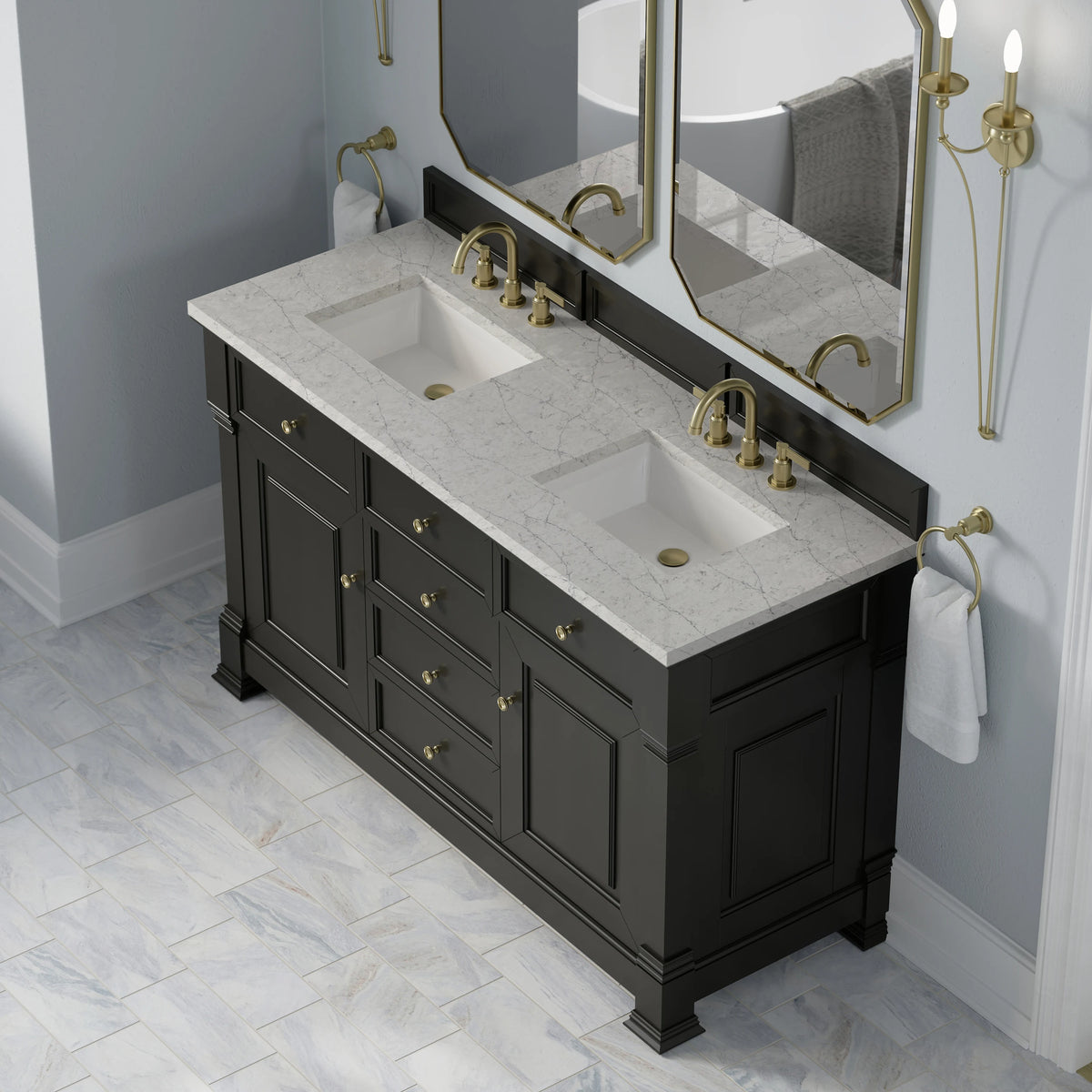 Brookfield 60" Double Vanity, Black Onyx w/3 CM Eternal Jasmine Pearl Silestone Top, view 7