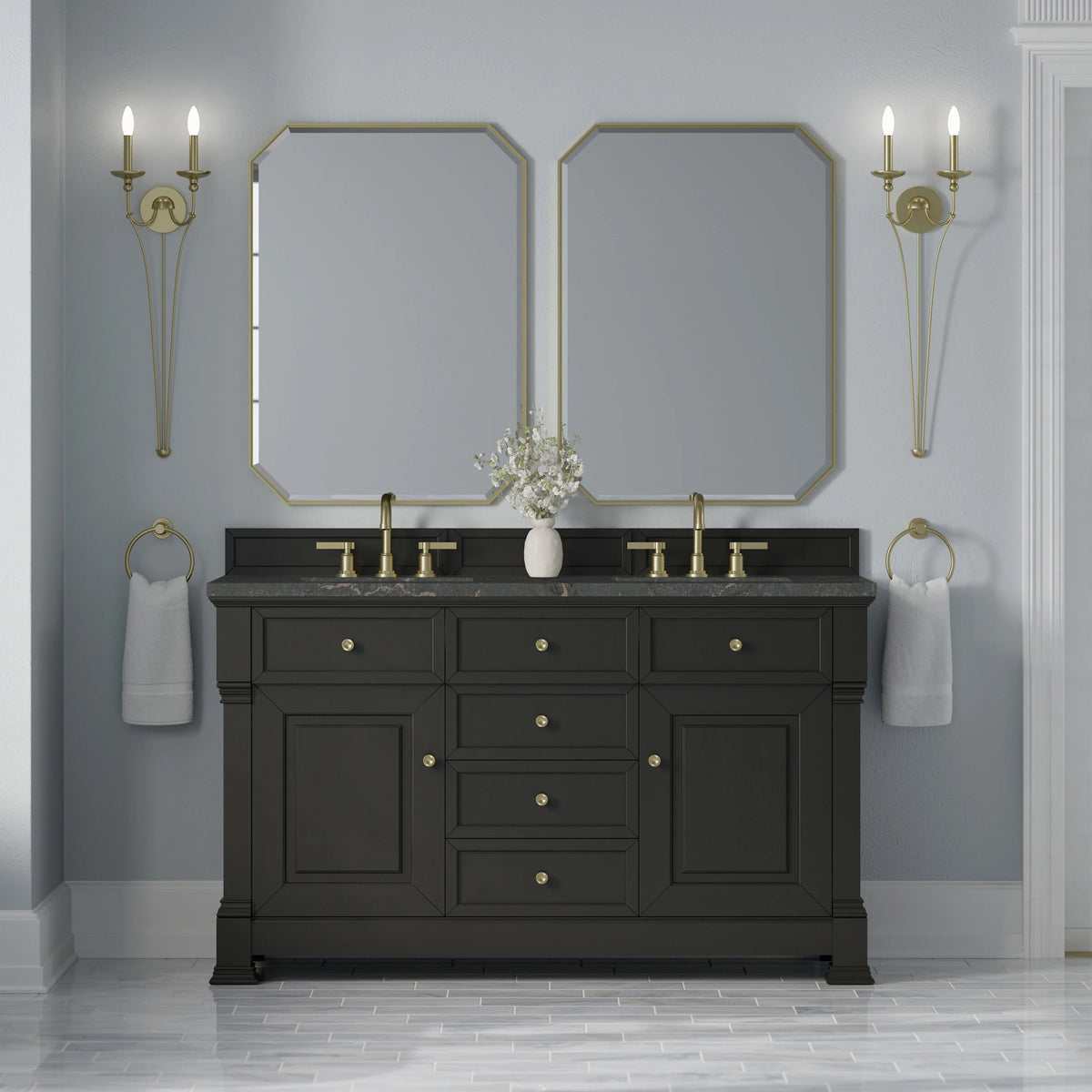 Brookfield 60" Double Vanity, Black Onyx w/ 3 CM Parisien Bleu Silestone Top, view 3