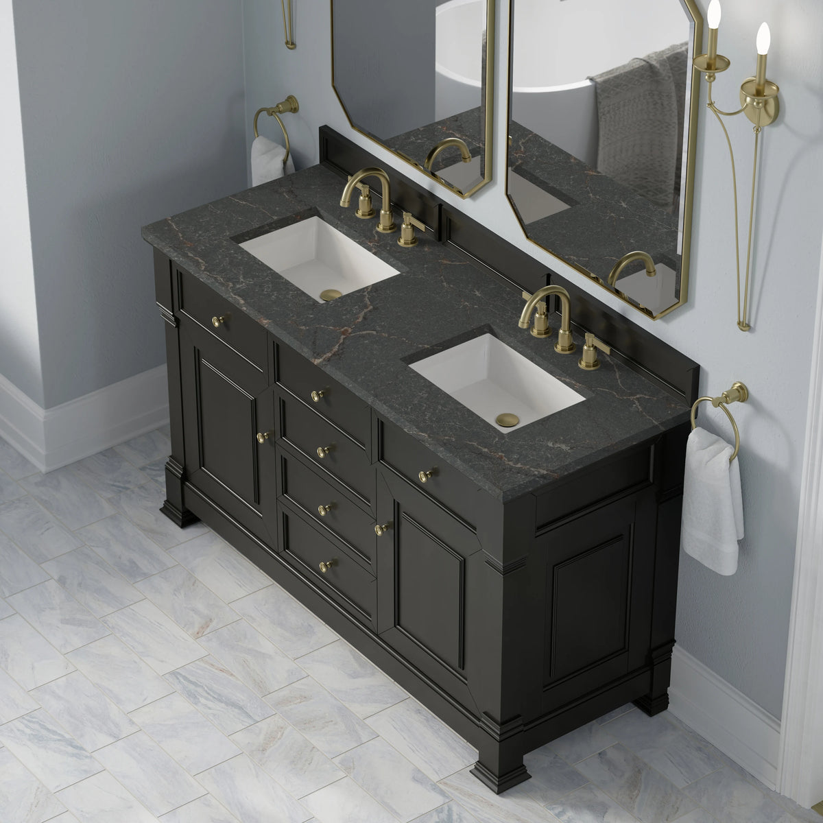 Brookfield 60" Double Vanity, Black Onyx w/ 3 CM Parisien Bleu Silestone Top, view 7