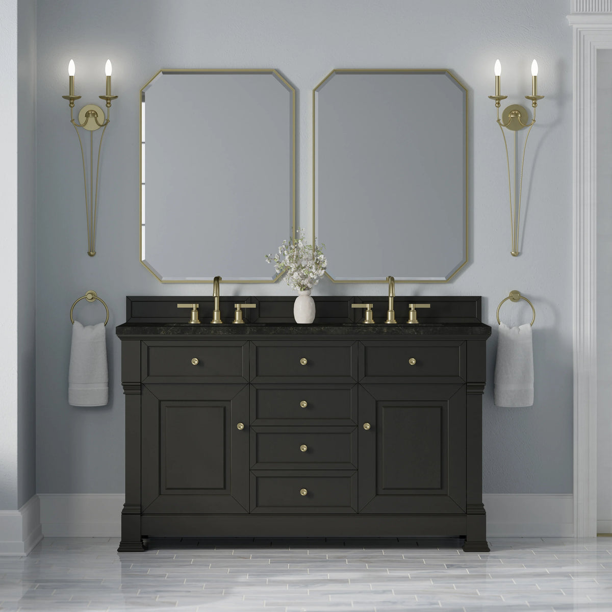 Brookfield 60" Double Vanity, Black Onyx, w/ 3 CM Phantome Eclos Top, view 3