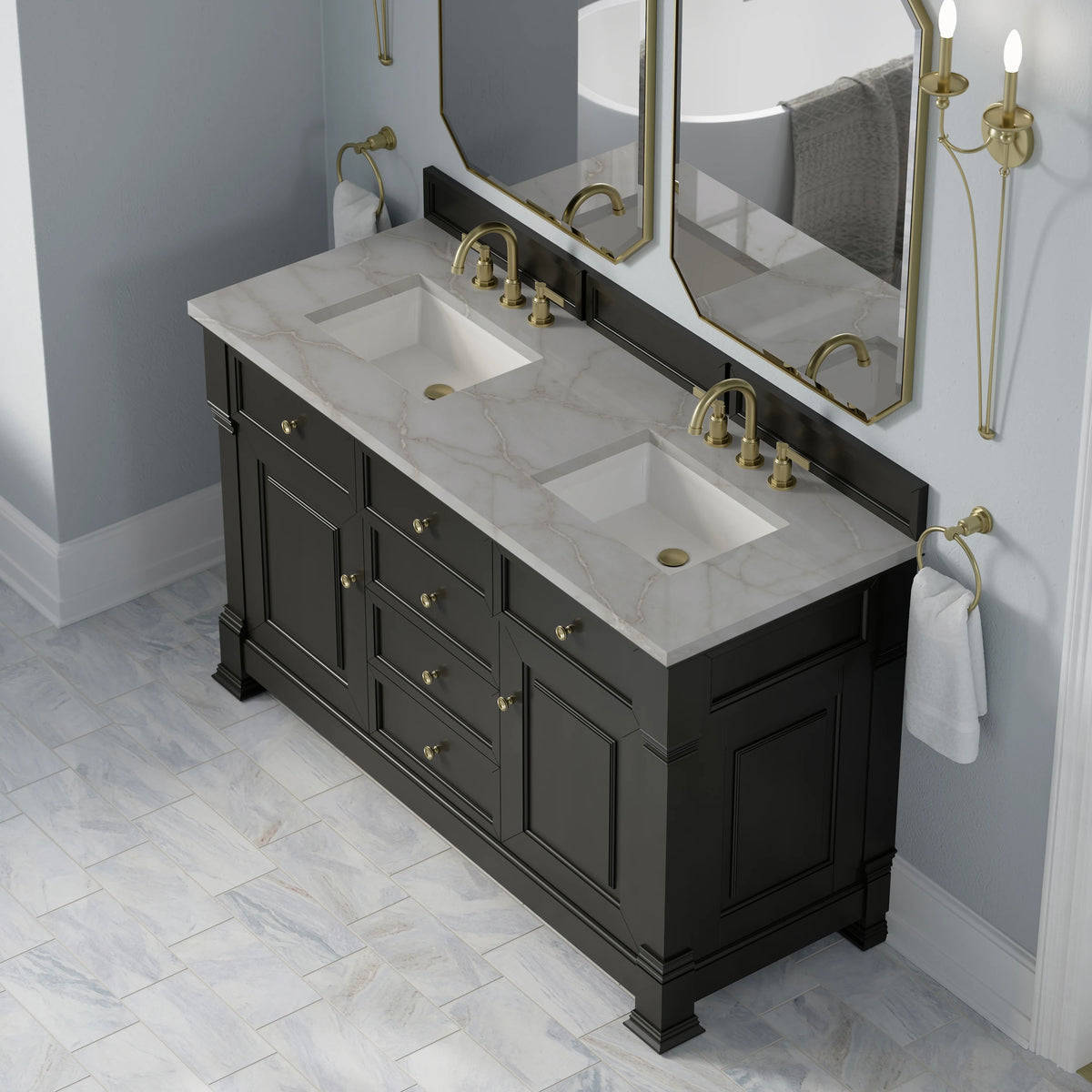 Brookfield 60" Double Vanity, Black Onyx w/ 3 CM Victorian Silver Silestone Top w/FreePower Wireless Charger, view 11