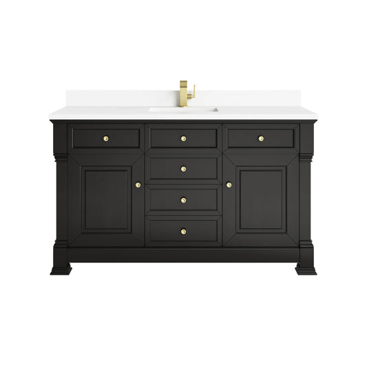 Brookfield 60" Single Vanity, Black Onyx w/ Single Hole 3 CM White Zeus Silestone Top & Backsplash