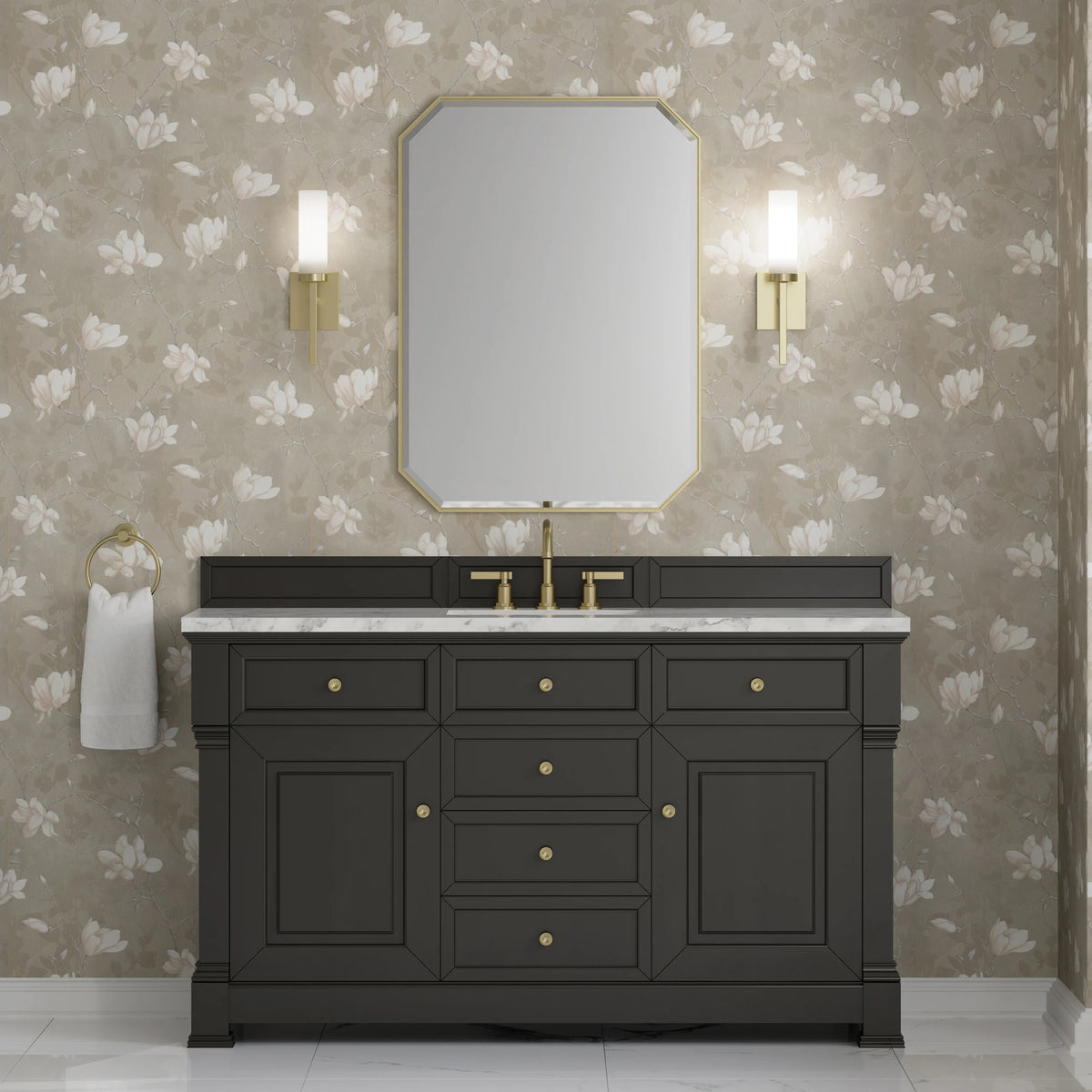 Brookfield 60" Single Vanity, Black Onyx w/3 CM Carrara White Marble Top, view 3