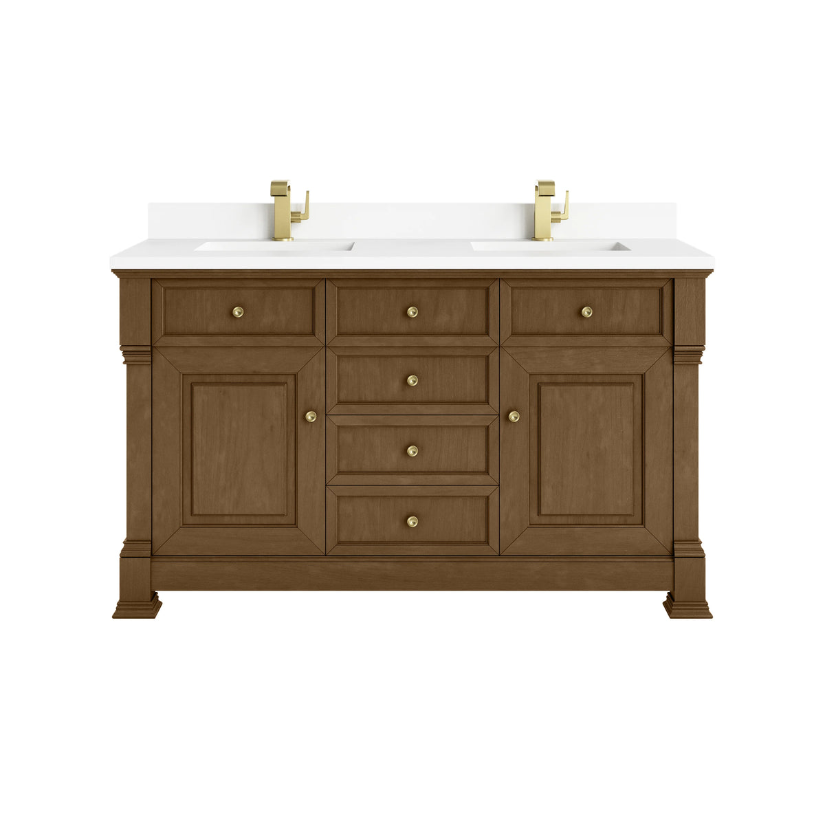 Brookfield 60" Double Vanity, Honey Oak w/ Single Hole 3 CM White Zeus Silestone Top & Backsplash