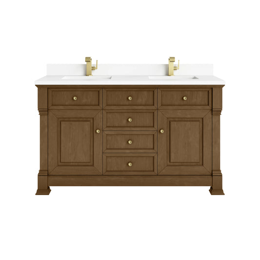 Brookfield 60" Double Vanity, Honey Oak w/ Single Hole 3 CM White Zeus Silestone Top & Backsplash