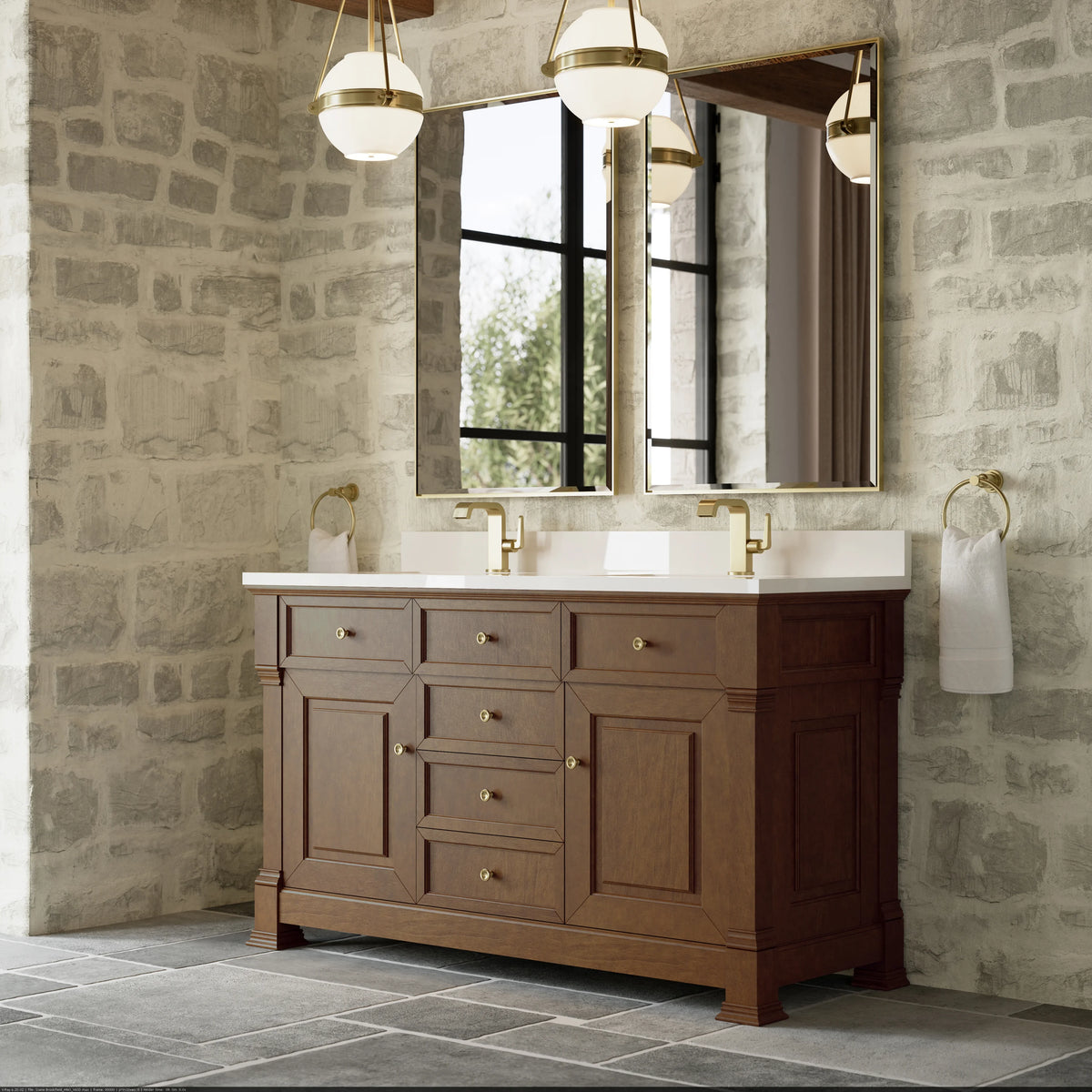 Brookfield 60" Double Vanity, Honey Oak w/ Single Hole 3 CM White Zeus Silestone Top & Backsplash, view 4