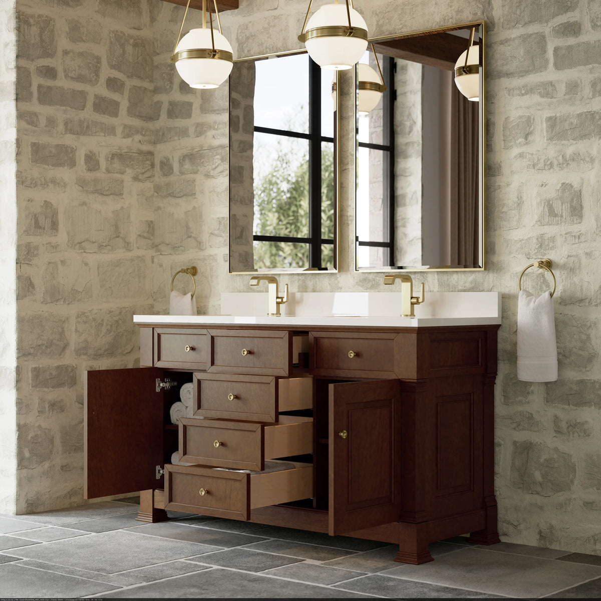 Brookfield 60" Double Vanity, Honey Oak w/ Single Hole 3 CM White Zeus Silestone Top & Backsplash, view 5