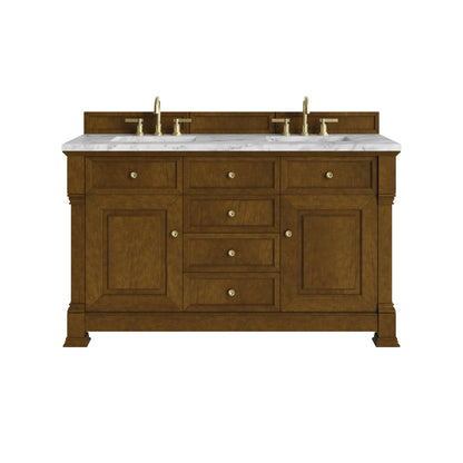 Brookfield 60" Double Vanity, Honey Oak w/3 CM Carrara White Marble Top