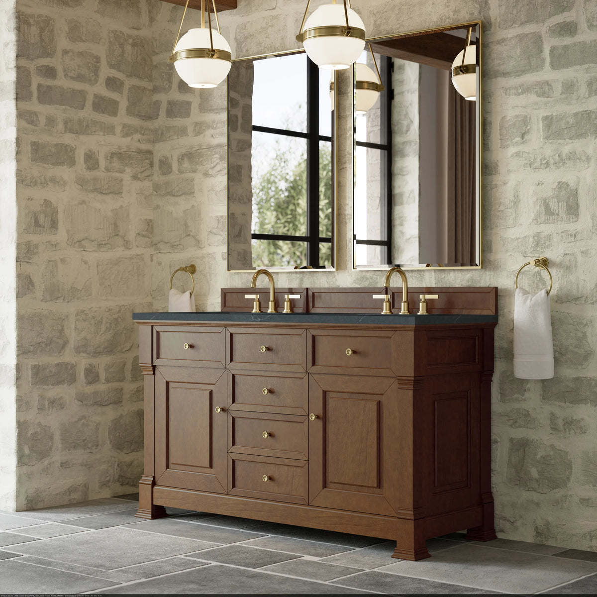 Brookfield 60" Double Vanity, Honey Oak w/3 CM Charcoal Soapstone Silestone Top, view 4