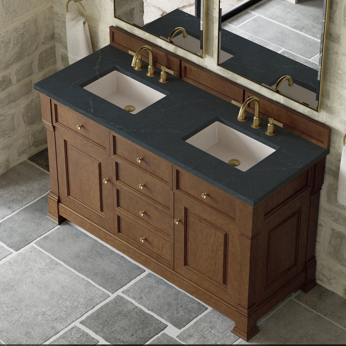 Brookfield 60" Double Vanity, Honey Oak w/3 CM Charcoal Soapstone Silestone Top, view 7