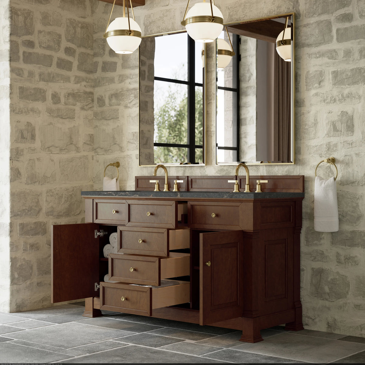 Brookfield 60" Double Vanity, Honey Oak w/ 3 CM Parisien Bleu Silestone Top, view 5