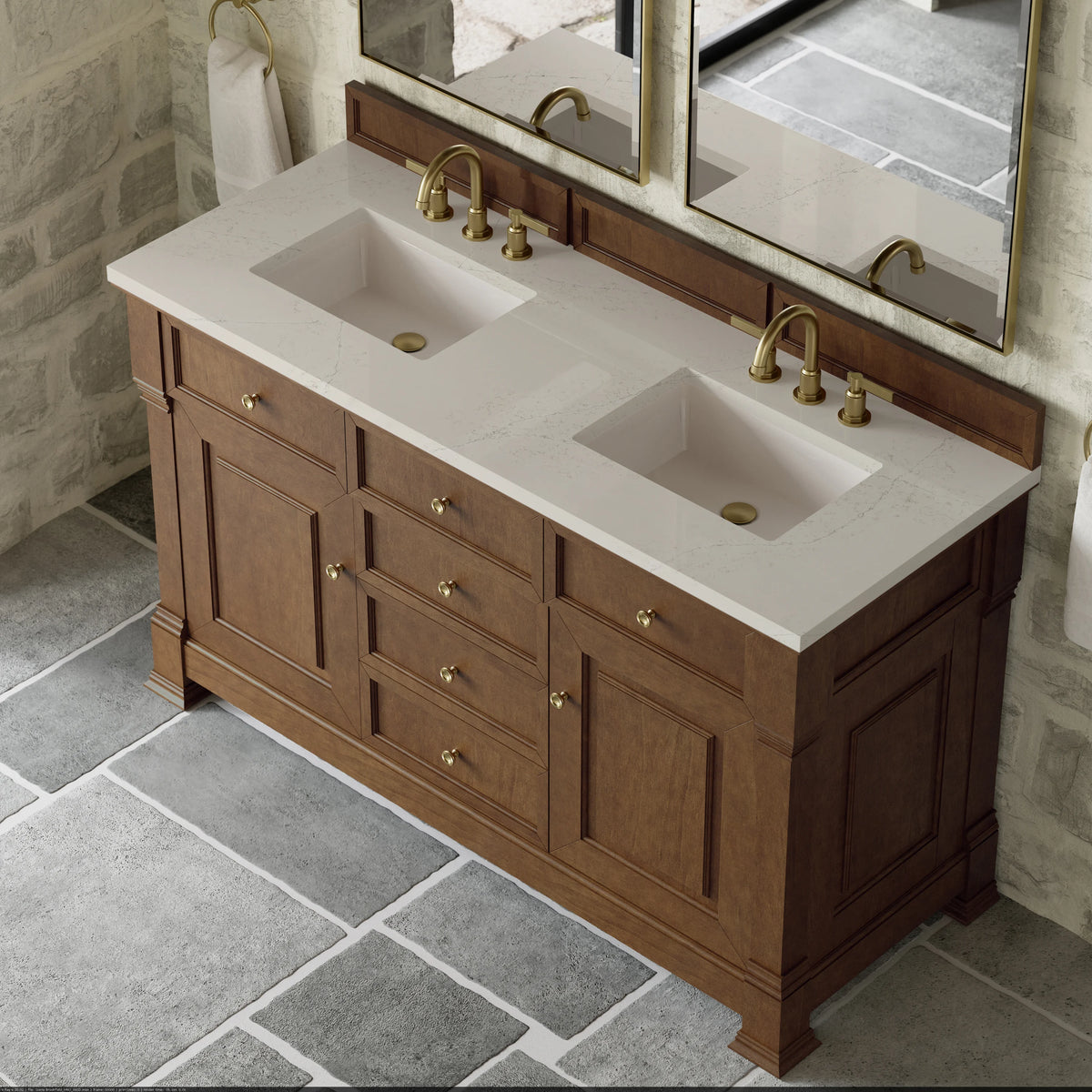 Brookfield 60" Double Vanity, Honey Oak, w/ 3 CM Siberian Silestone Top, view 7