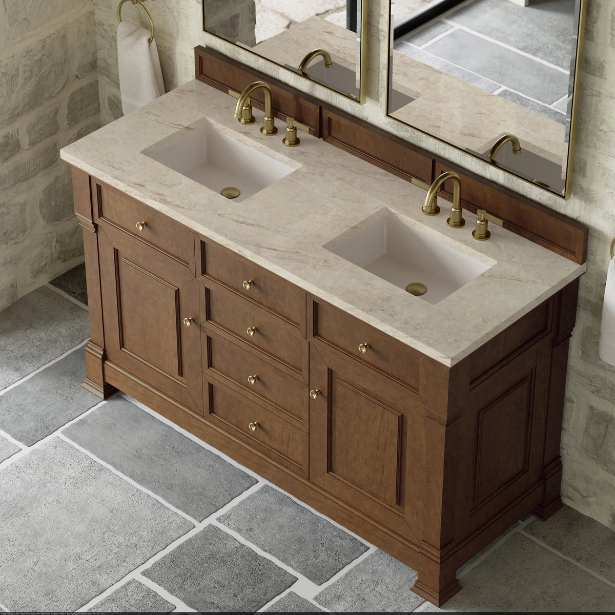 Brookfield 60" Double Vanity, Honey Oak, w/ 3 CM Tajnar Eclos Top, view 7