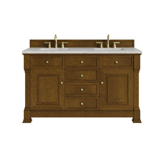 Brookfield 60" Double Vanity, Honey Oak w/ 3 CM Eternal Jasmine Pearl Silestone Top w/FreePower Wireless Charger