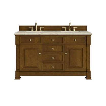 Brookfield 60" Double Vanity, Honey Oak, w/ 3 CM Tajnar Eclos Top w/FreePower Wireless Charger