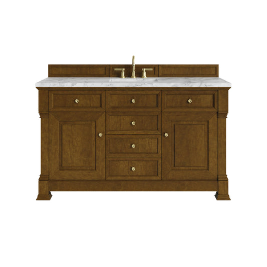 Brookfield 60" Single Vanity, Honey Oak w/3 CM Carrara White Marble Top