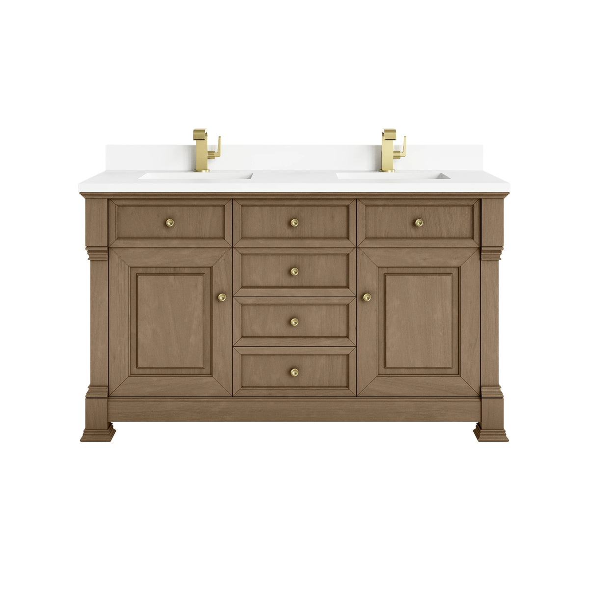 Brookfield 60" Double Vanity, Pecan w/ Single Hole 3CM White Zeus Silestone Top & Backsplash