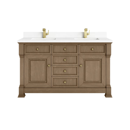 Brookfield 60" Double Vanity, Pecan w/ Single Hole 3CM White Zeus Silestone Top & Backsplash