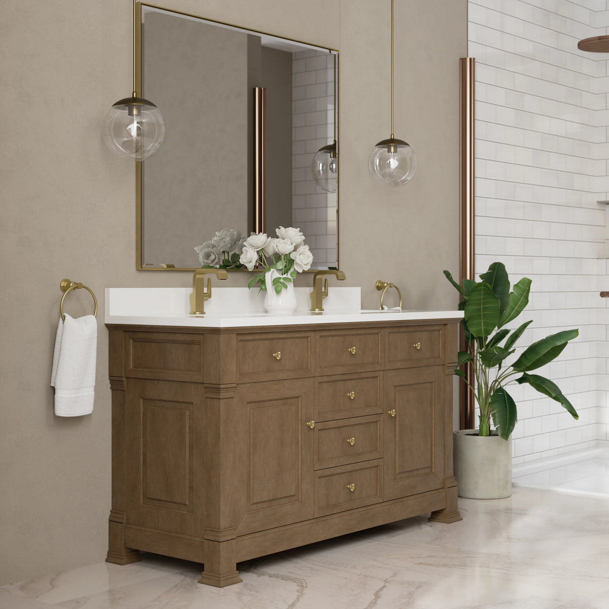 Brookfield 60" Double Vanity, Pecan w/ Single Hole 3CM White Zeus Silestone Top & Backsplash, view 4
