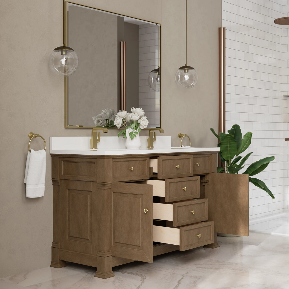 Brookfield 60" Double Vanity, Pecan w/ Single Hole 3CM White Zeus Silestone Top & Backsplash, view 5