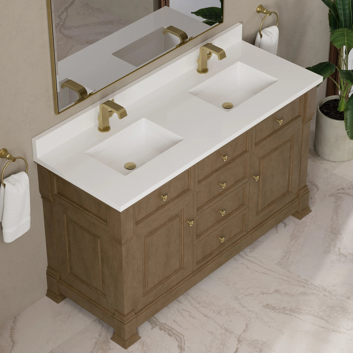 Brookfield 60" Double Vanity, Pecan w/ Single Hole 3CM White Zeus Silestone Top & Backsplash, view 7