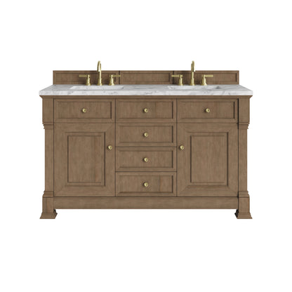 Brookfield 60" Double Vanity, Pecan w/3 CM Carrara White Marble Top