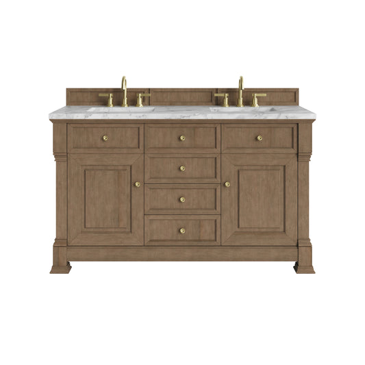 Brookfield 60" Double Vanity, Pecan w/3 CM Carrara White Marble Top