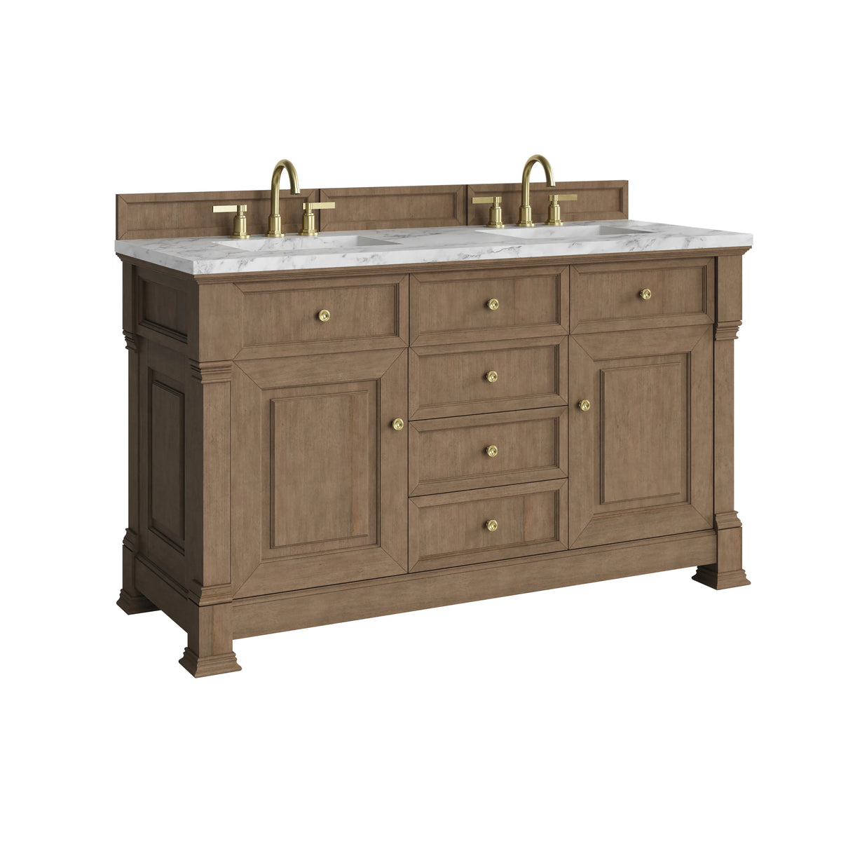 Brookfield 60" Double Vanity, Pecan w/3 CM Carrara White Marble Top, view 10