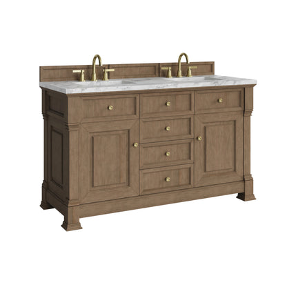 Brookfield 60" Double Vanity, Pecan w/3 CM Carrara White Marble Top, view 10