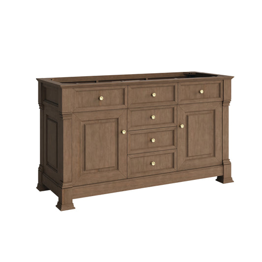 Brookfield 60" Double Vanity, Pecan w/3 CM Carrara White Marble Top, view 2