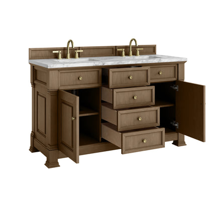 Brookfield 60" Double Vanity, Pecan w/3 CM Carrara White Marble Top, view 8