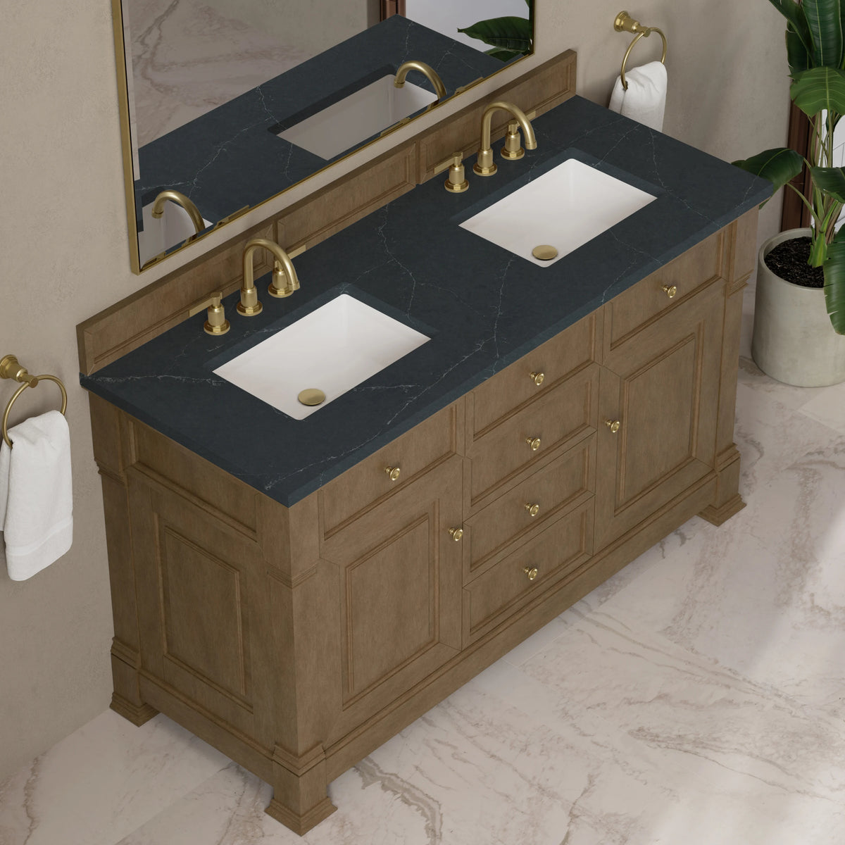 Brookfield 60" Double Vanity, Pecan w/3 CM Charcoal Soapstone Silestone Top, view 7