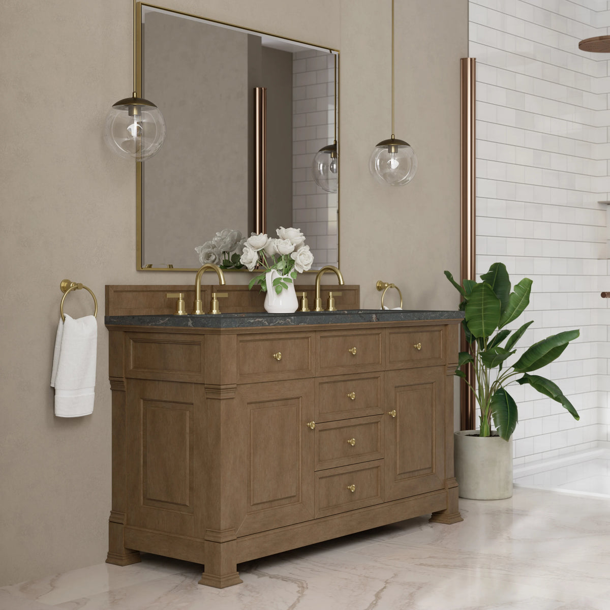 Brookfield 60" Double Vanity, Pecan w/ 3 CM Parisien Bleu Silestone Top, view 4