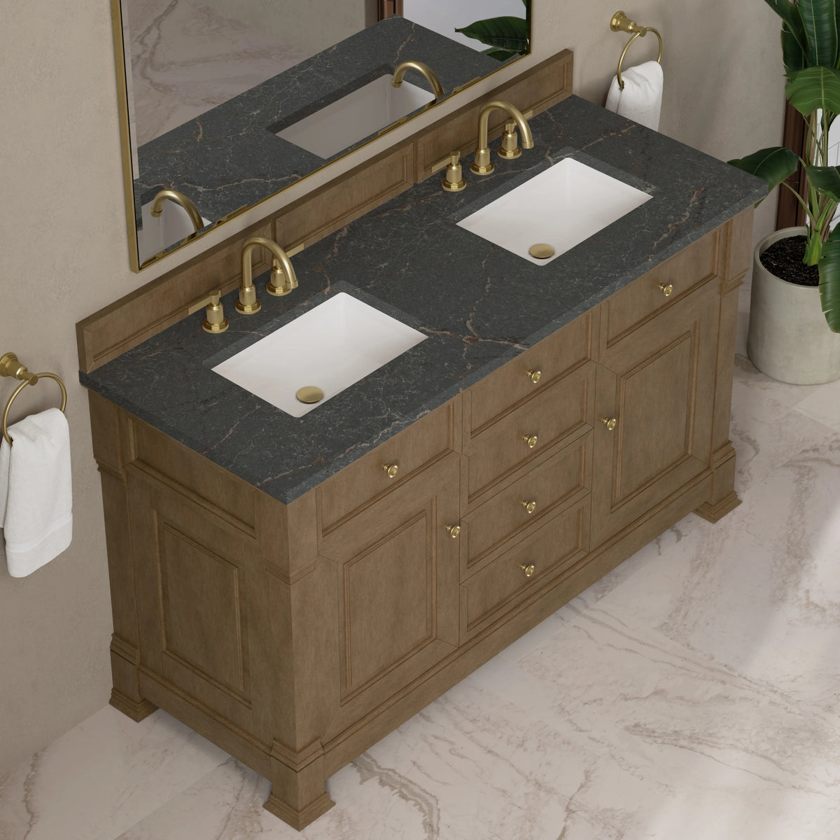 Brookfield 60" Double Vanity, Pecan w/ 3 CM Parisien Bleu Silestone Top, view 7