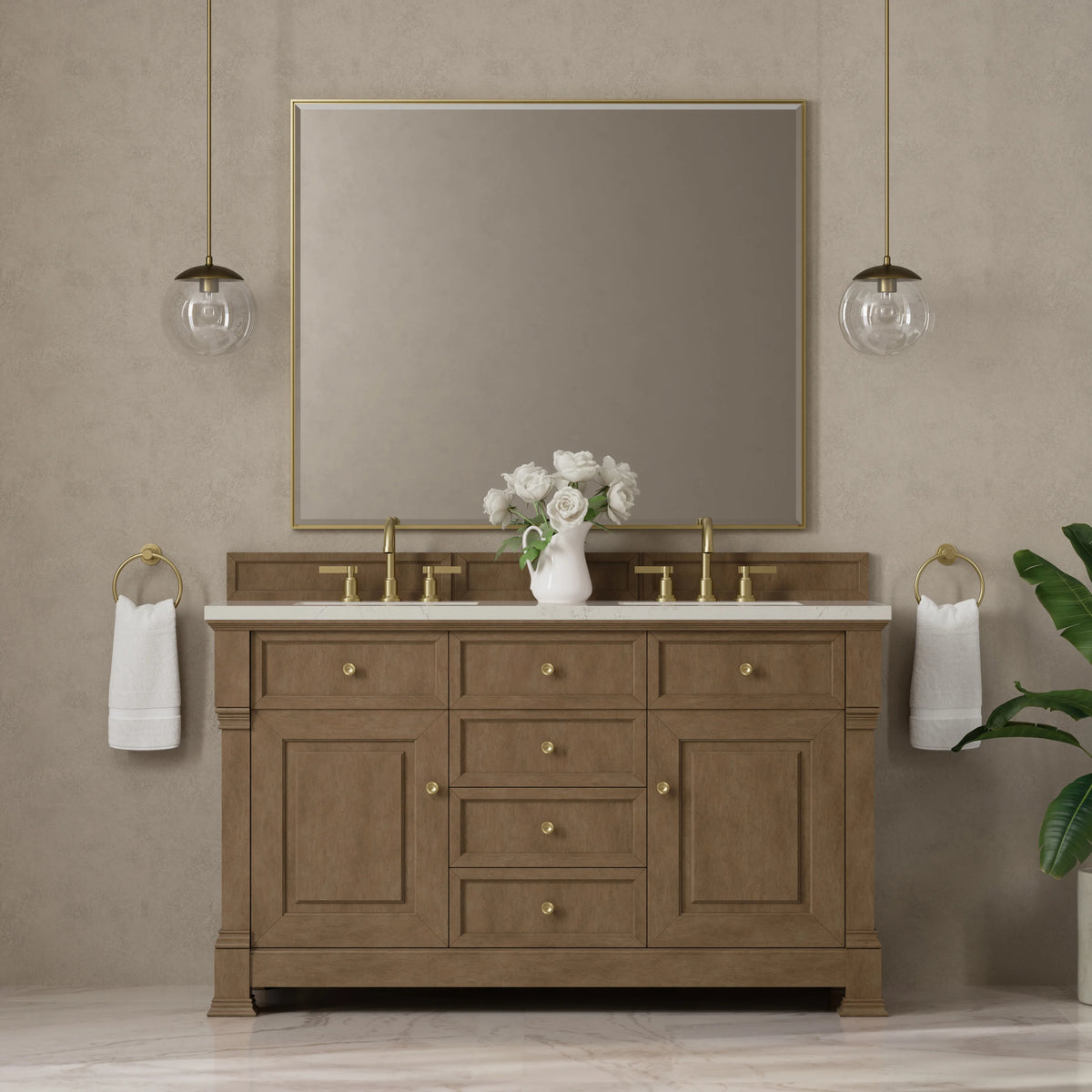 Brookfield 60" Double Vanity, Pecan, w/ 3 CM Siberian Silestone Top, view 3