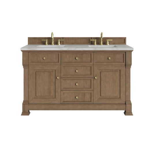 Brookfield 60" Double Vanity, Pecan w/ 3 CM Victorian Silver Silestone Top
