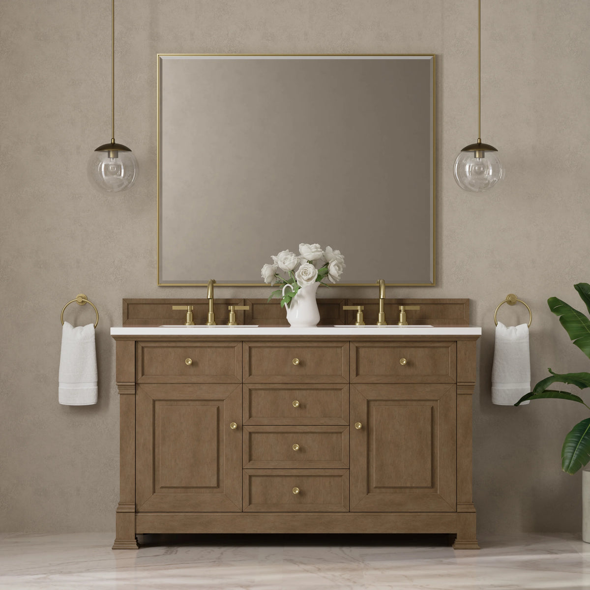 Brookfield 60" Double Vanity, Pecan, w/ 3 CM White Zeus Silestone  Top, view 3