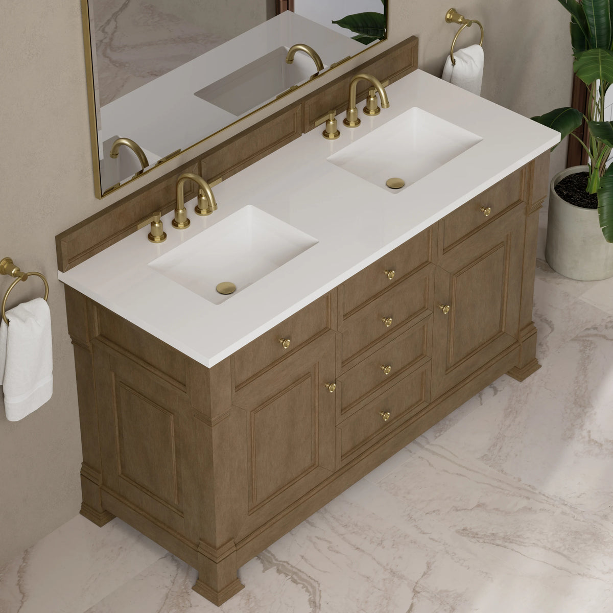 Brookfield 60" Double Vanity, Pecan, w/ 3 CM White Zeus Silestone  Top, view 7