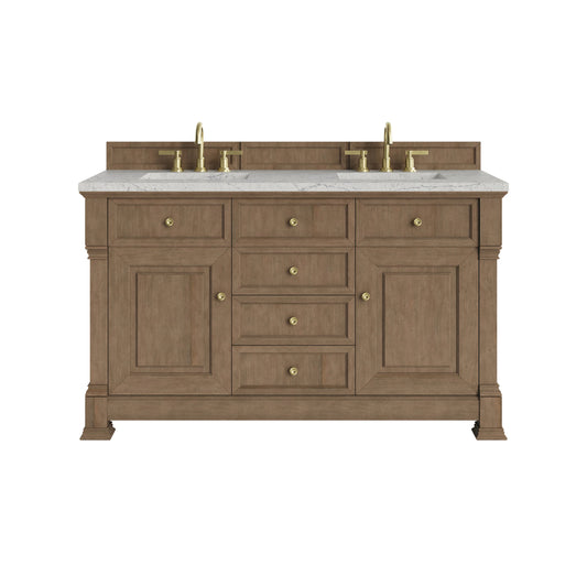 Brookfield 60" Double Vanity, Pecan w/3 CM Eternal Jasmine Pearl Silestone Top w/FreePower Wireless Charger