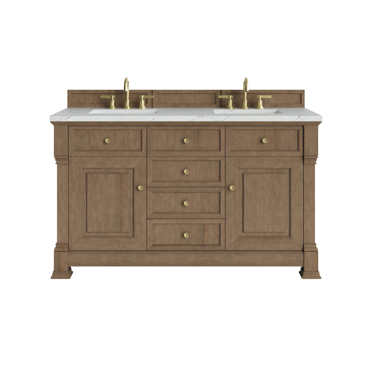 Brookfield 60" Double Vanity, Pecan w/ 3 CM Ethereal Noctis Silestone  Top w/FreePower Wireless Charger