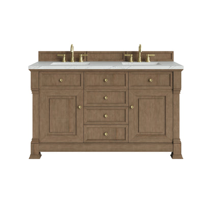 Brookfield 60" Double Vanity, Pecan w/ 3 CM Ethereal Noctis Silestone  Top w/FreePower Wireless Charger