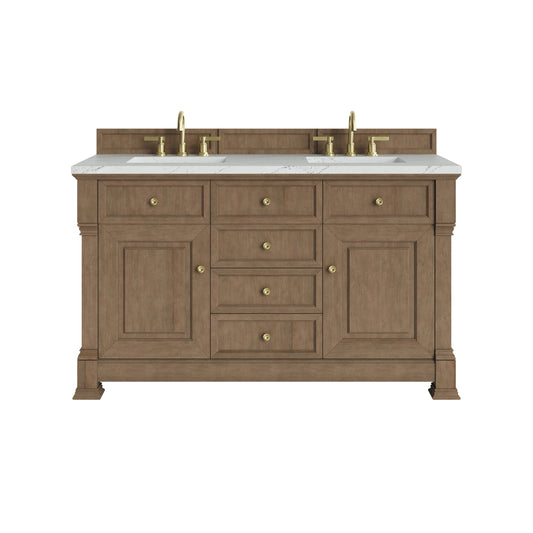 Brookfield 60" Double Vanity, Pecan w/ 3 CM Ethereal Noctis Silestone  Top w/FreePower Wireless Charger