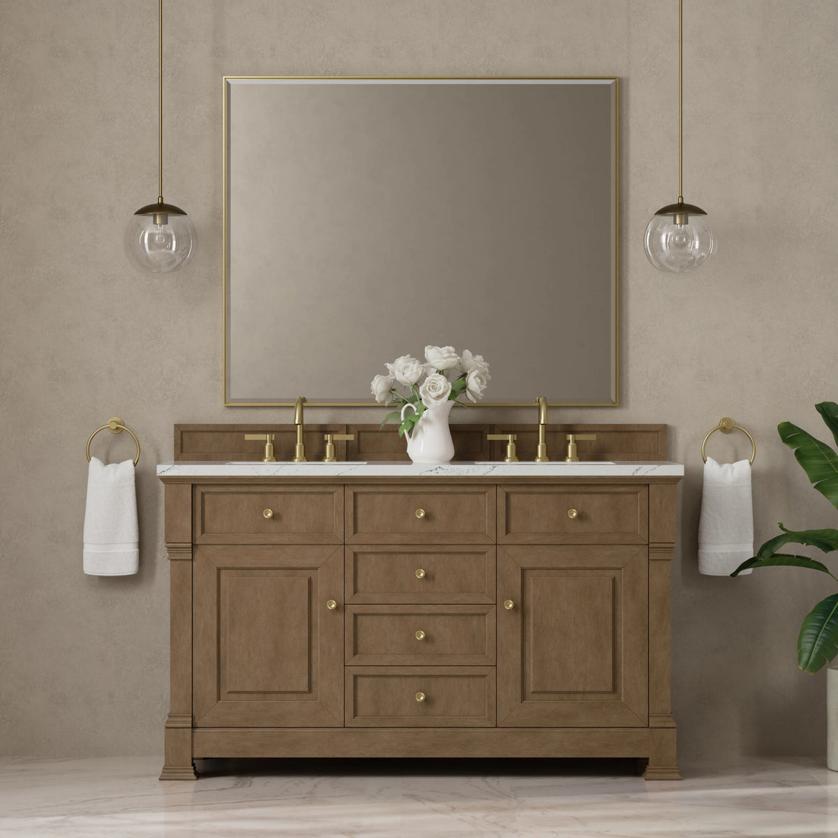Brookfield 60" Double Vanity, Pecan w/ 3 CM Ethereal Noctis Silestone  Top w/FreePower Wireless Charger, view 7