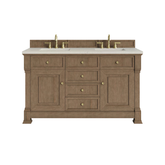 Brookfield 60" Double Vanity, Pecan, w/ 3 CM Siberian Silestone Top w/FreePower Wireless Charger