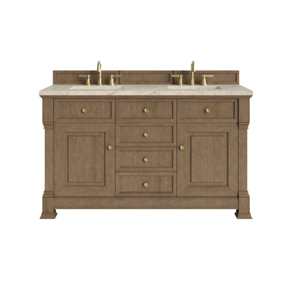 Brookfield 60" Double Vanity, Pecan, w/ 3 CM Tajnar Eclos Top w/FreePower Wireless Charger