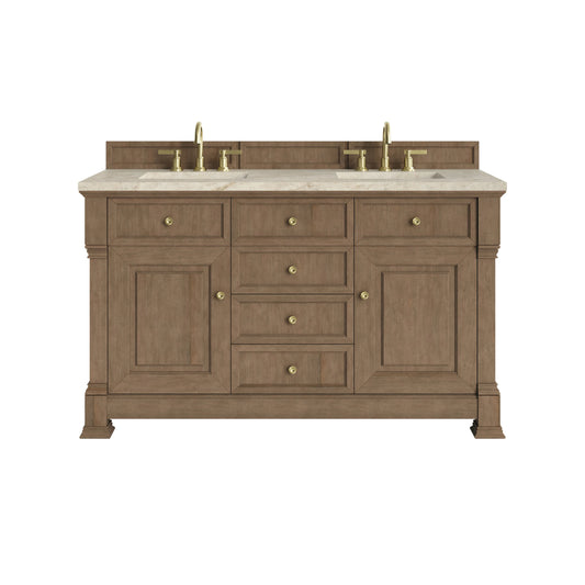 Brookfield 60" Double Vanity, Pecan, w/ 3 CM Tajnar Eclos Top w/FreePower Wireless Charger
