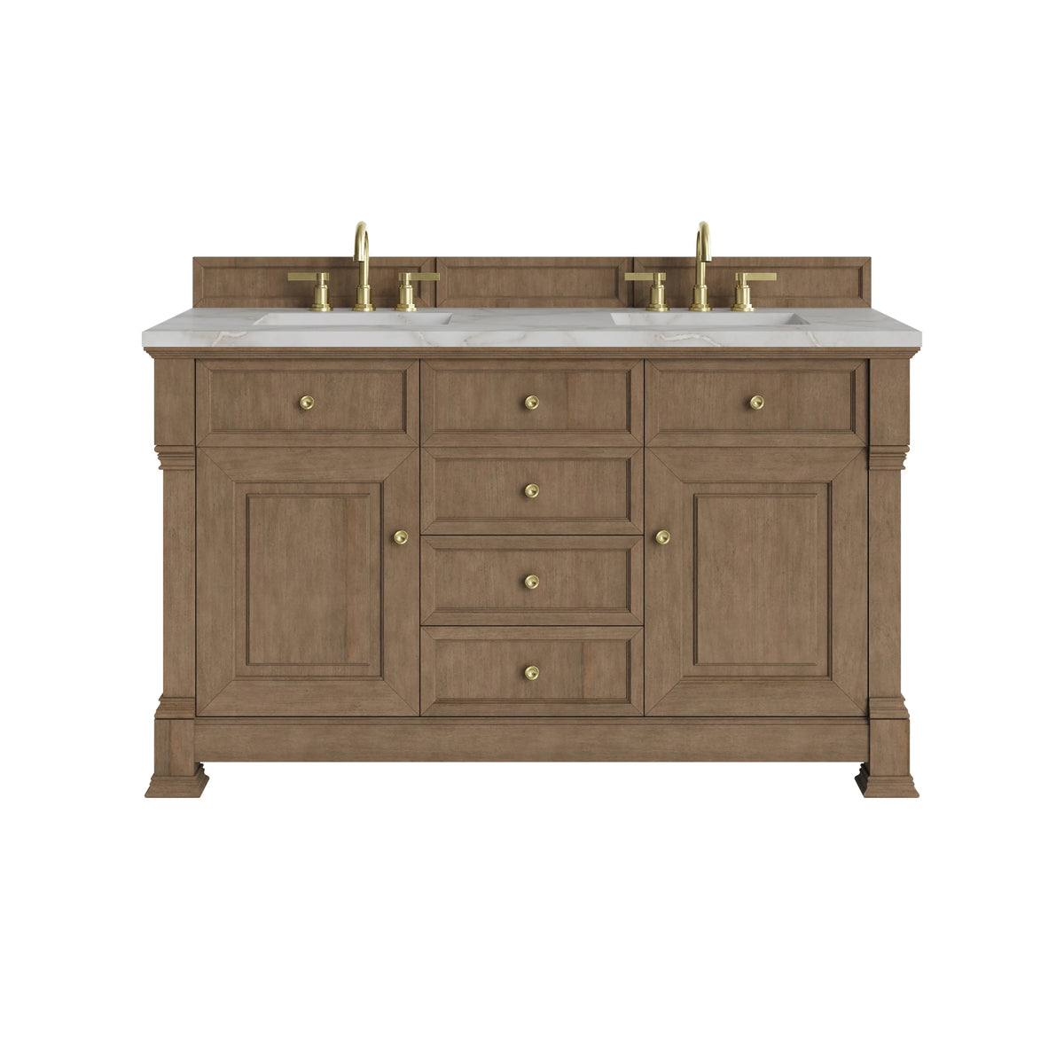 Brookfield 60" Double Vanity, Pecan w/ 3 CM Victorian Silver Silestone Top w/FreePower Wireless Charger