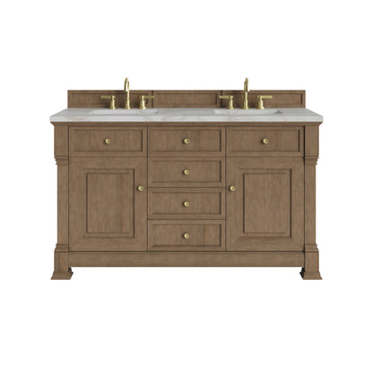 Brookfield 60" Double Vanity, Pecan w/ 3 CM Victorian Silver Silestone Top w/FreePower Wireless Charger